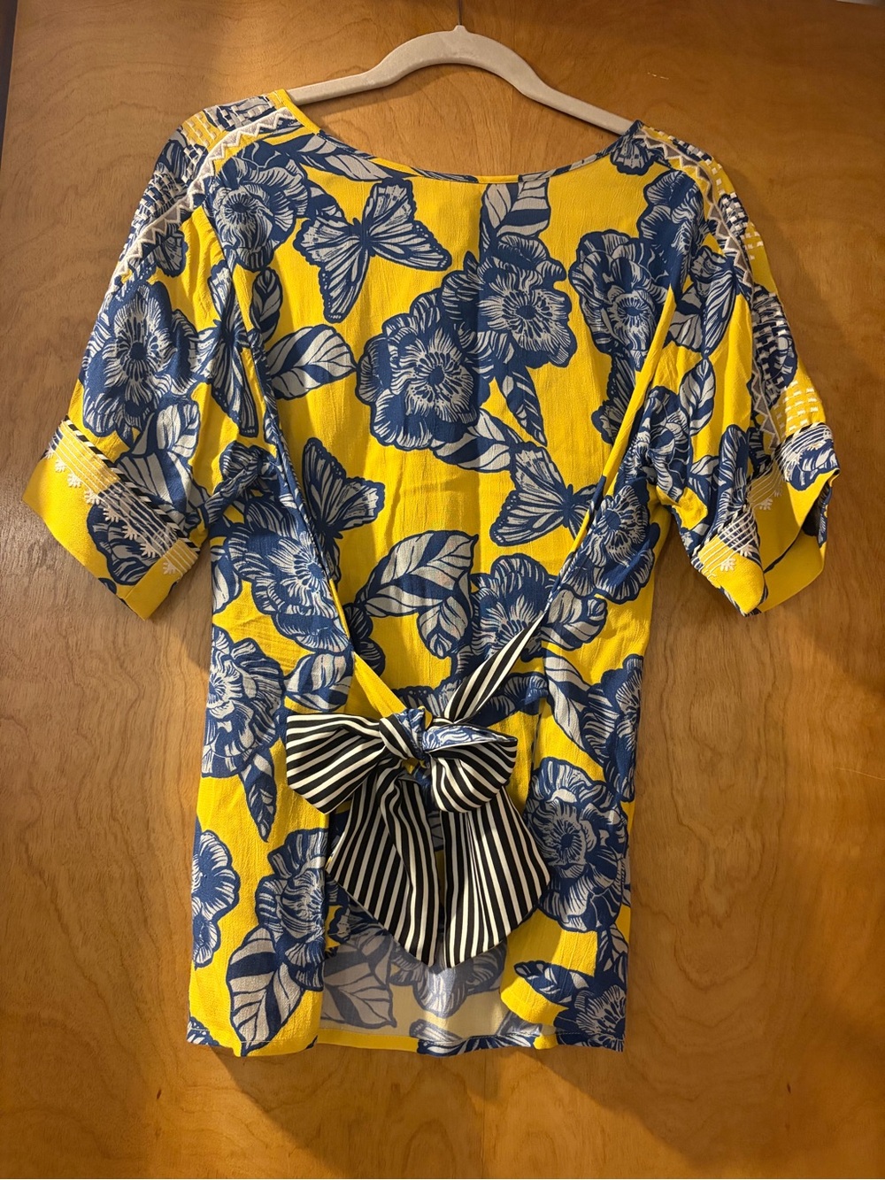 Yellow Floral Tie-Back Blouse with Navy Print